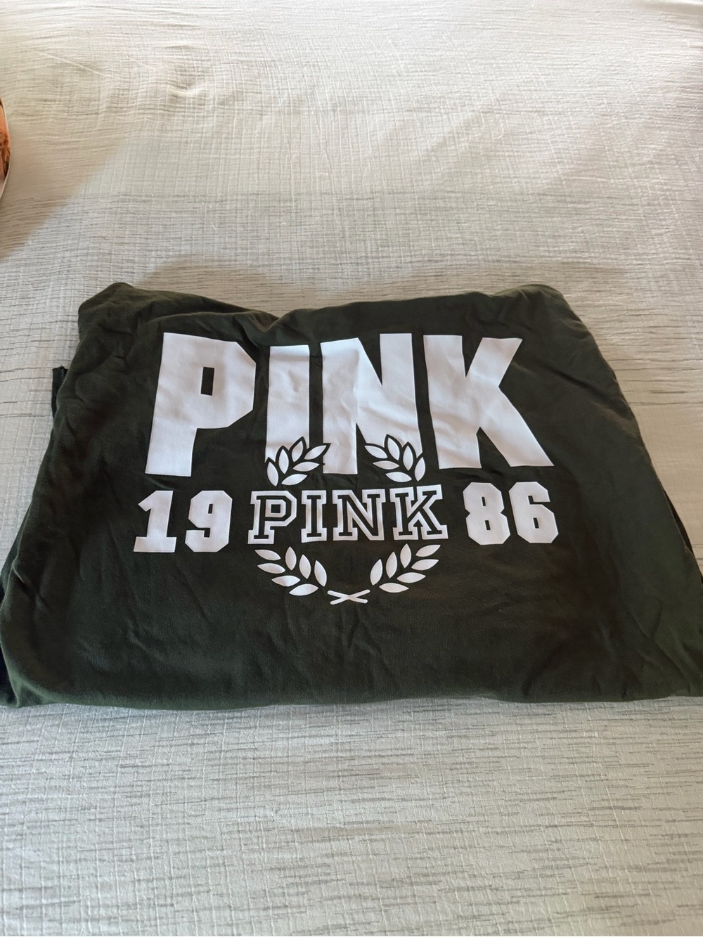 PINK Victoria's Secret Olive Green Graphic Sweatshirt with White Logo